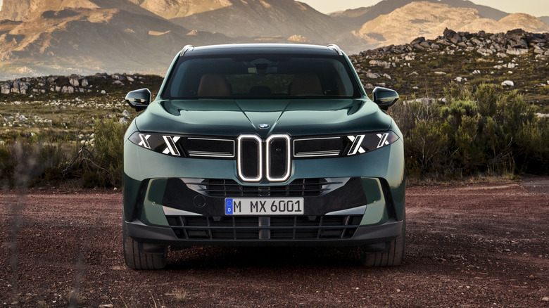 Front view of a new, green BMW X5.