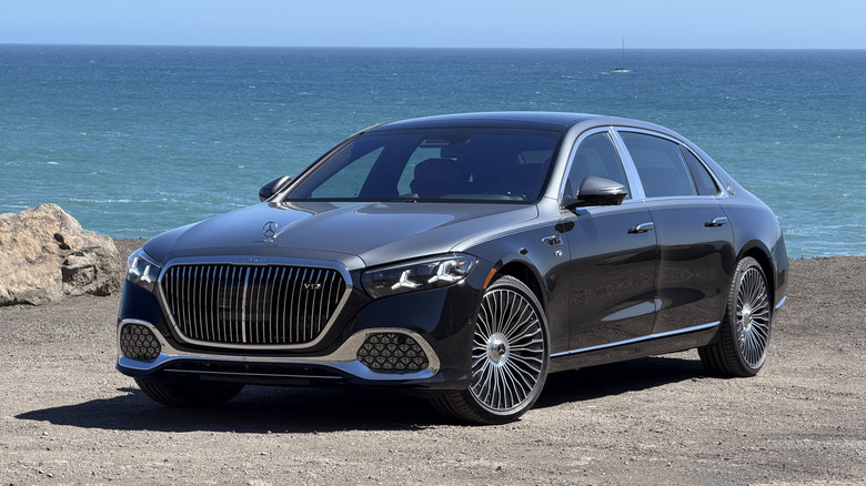 Front 3/4 view of a grey and black 2027 Mercedes-Maybach S680