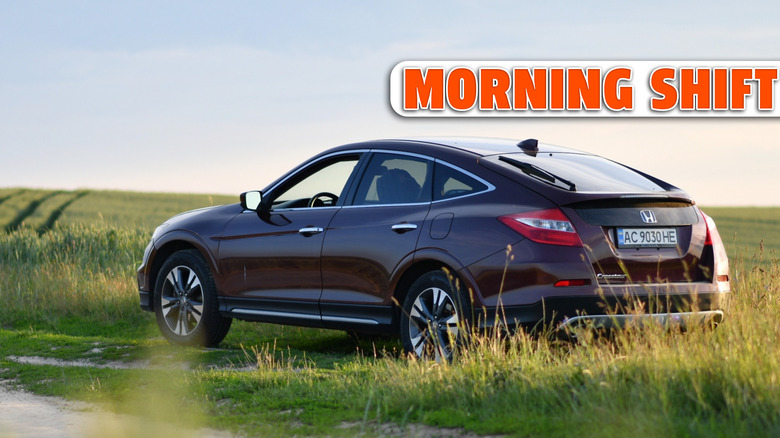 Ternopil, Ukraine - June 13, 2024: Back view of red maroon Honda Accord Crosstour car in wheat field at sunset. Selective focus.