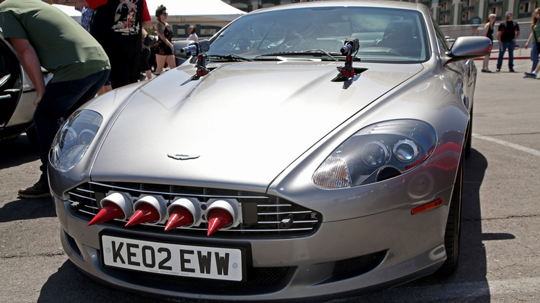 LAS VEGAS, NEVADA - APRIL 16: A 2002 Aston Martin Vanquish from the James Bond movie "Die Another Day" is displayed during the car show at the 25th anniversary of the Viva Las Vegas Rockabilly Weekend at The Orleans Hotel & Casino at The Orleans Hotel & Casino on April 16, 2022 in Las Vegas, Nevada.